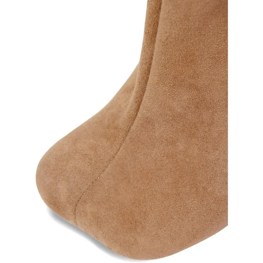Women's Nude Wide Calf Square Toe Stiletto Heels Knee High Suede Boots